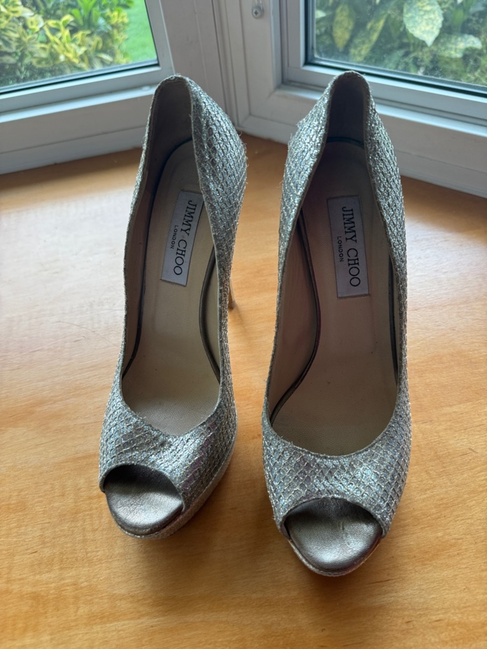 Jimmy Choo Silver Glitter Peep-Toe Pumps - size 38.5